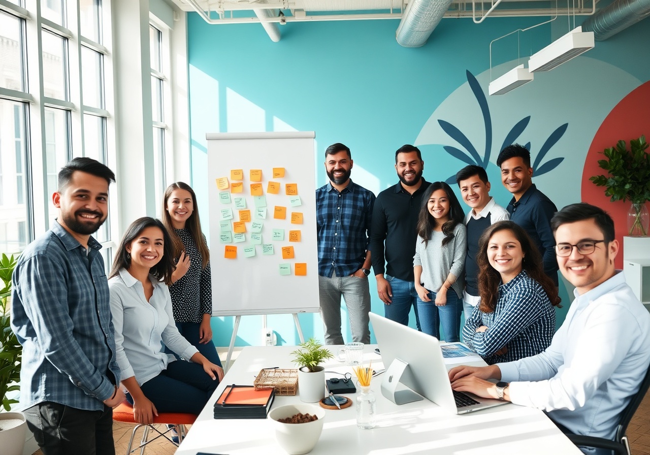 The HostKit team collaborating in a warm, creative office space