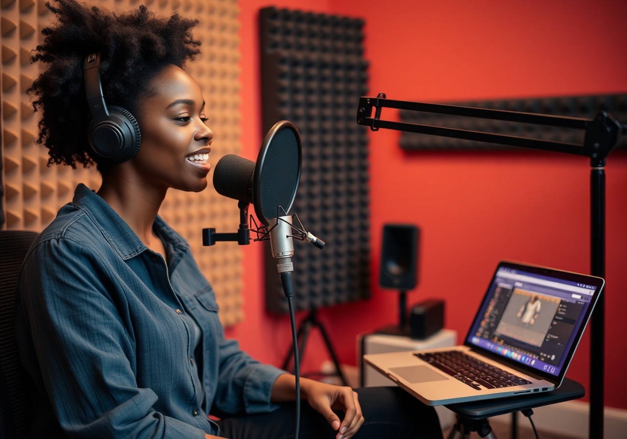 Podcaster in a modern studio setup using HostKit dashboard
