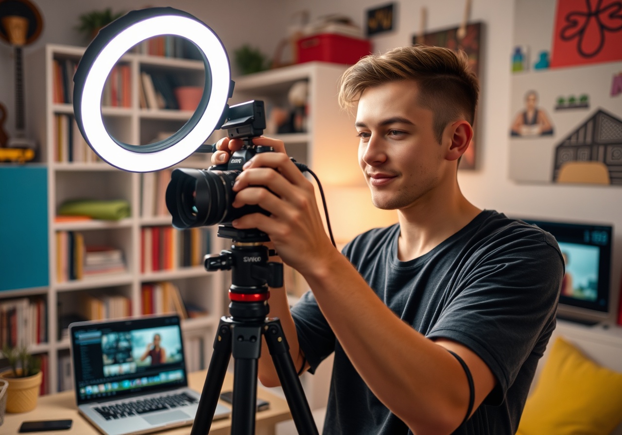Vibrant video studio scene with creator equipment