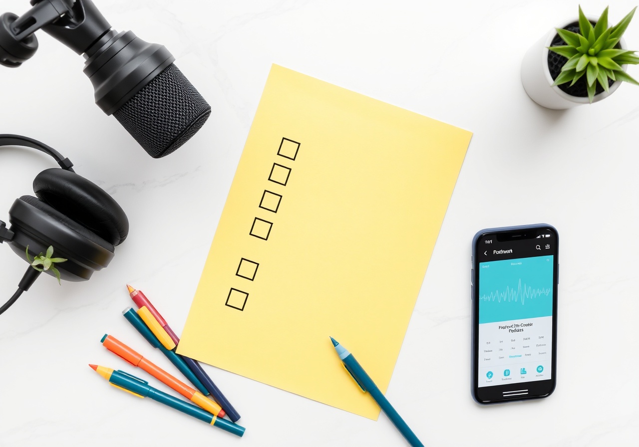Headphones and podcast checklist on a desk